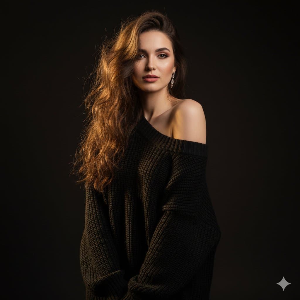 Elegant Woman Portrait in Black Sweater - Studio Lighting - Portrait Photography AI prompt
