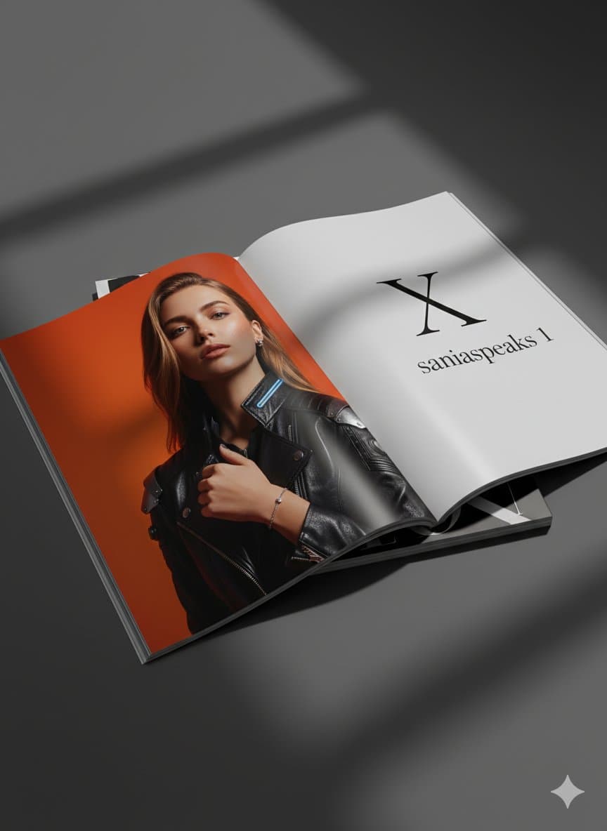 Fashion Model in Leather Jacket - Magazine Spread Photo - Fashion Photography AI prompt