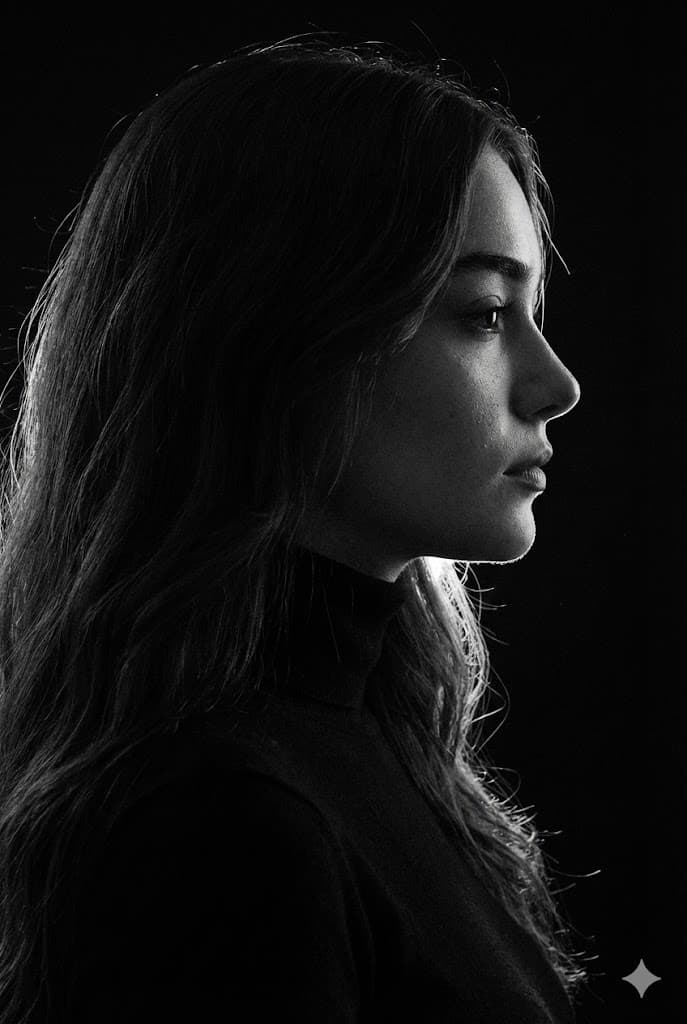 Black & White Profile Portrait of Woman - Dramatic Lighting - Portrait Photography AI prompt