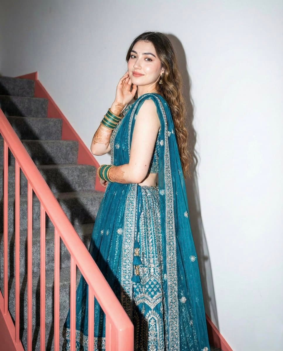 Elegant Woman in Teal Lehenga with Mehndi and Bangles - Fashion Photography AI prompt