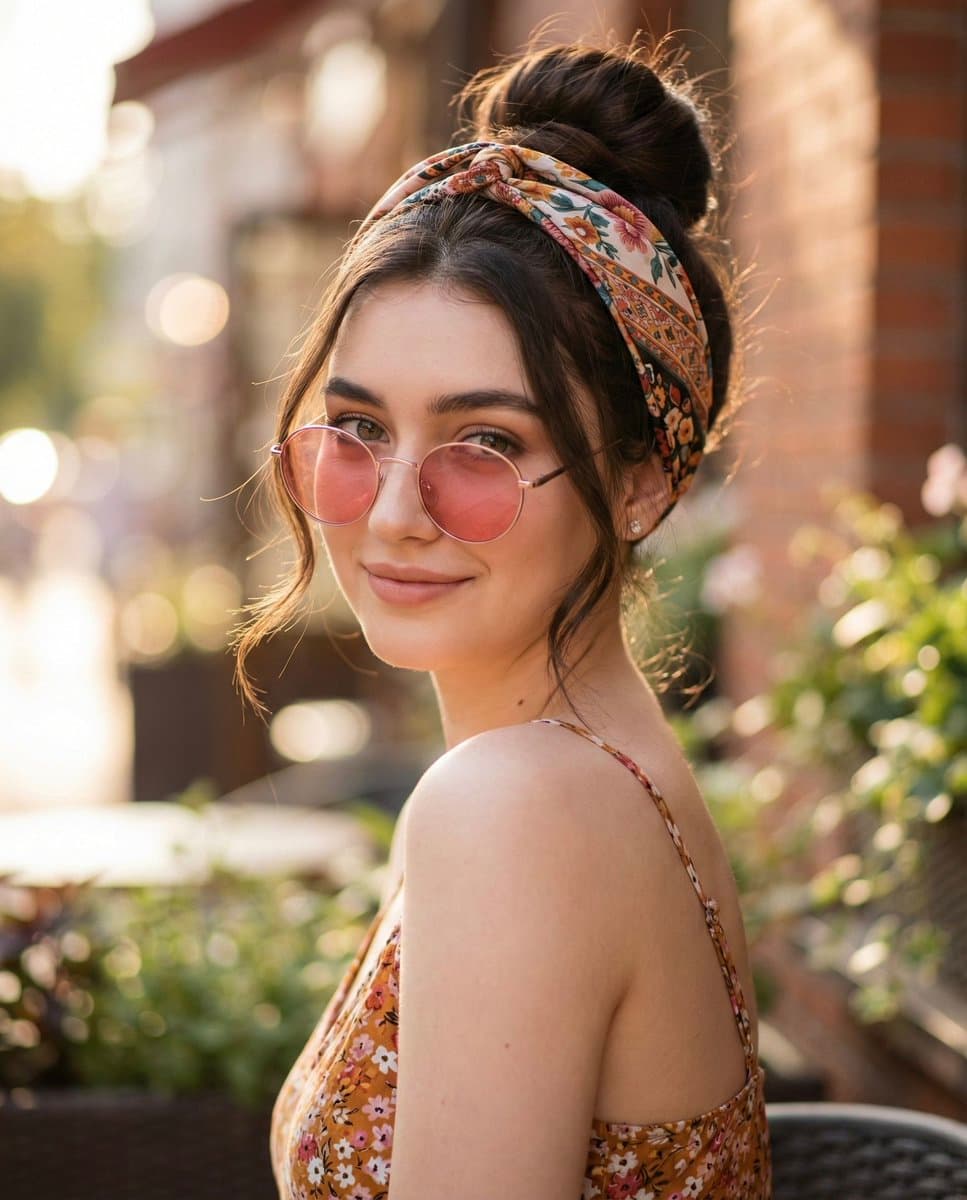 Cheerful Young Woman Portrait with Floral Headband & Sunglasses - Portrait Photography AI prompt