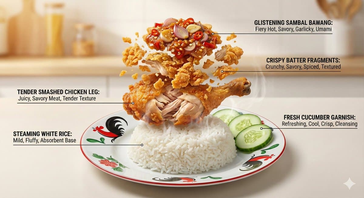 Exploded View: Fried Chicken, Sambal Bawang & Rice Meal - Food Culinary AI prompt