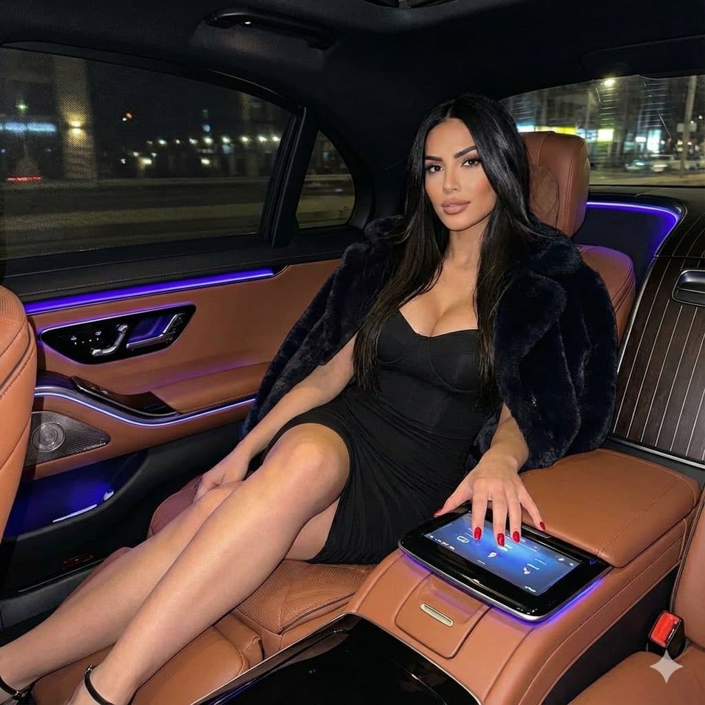 Elegant Woman in Black Dress, Luxury Car Interior Night - Fashion Photography AI prompt