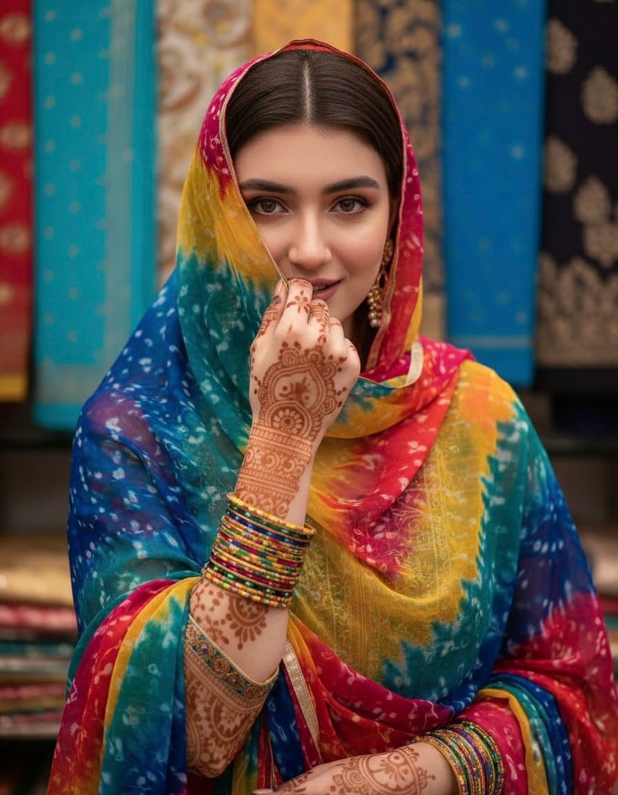 Beautiful Woman Portrait with Henna, Colorful Headscarf - Portrait Photography AI prompt