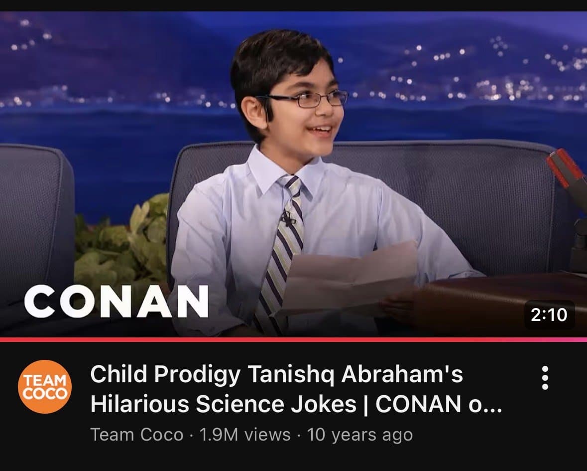 Child Prodigy Tanishq Abraham's Hilarious Science Jokes - Portrait Photography AI prompt