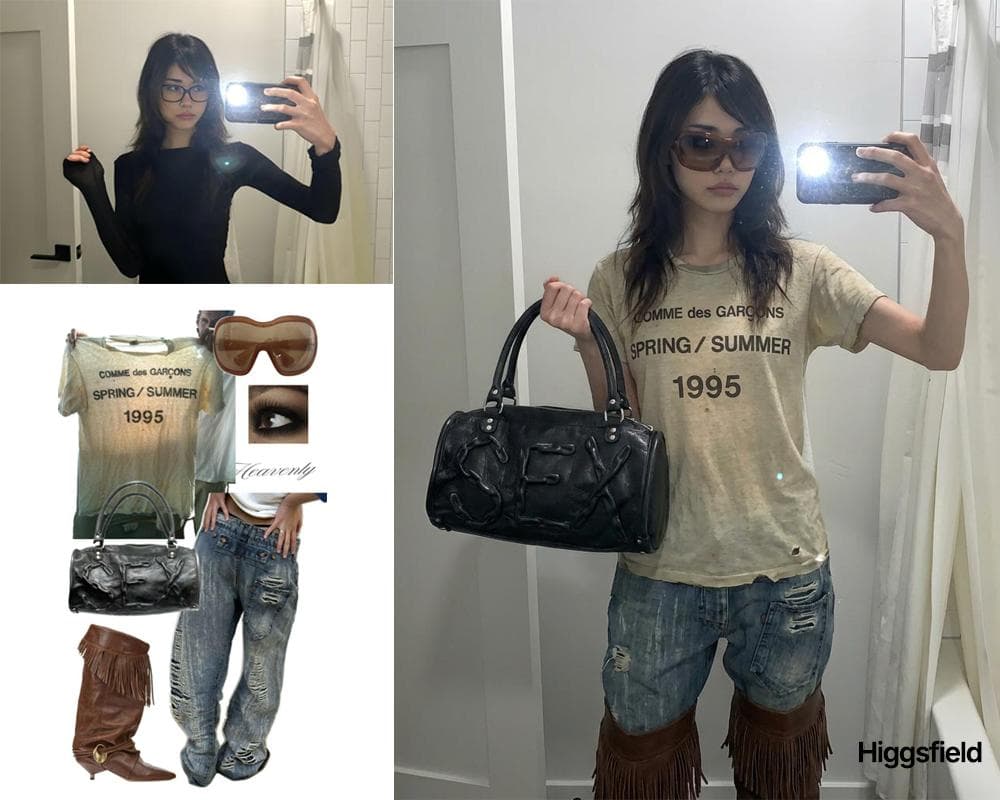 Retro Streetwear Fashion: CDG Tee, Distressed Jeans & Boots - Fashion Photography AI prompt