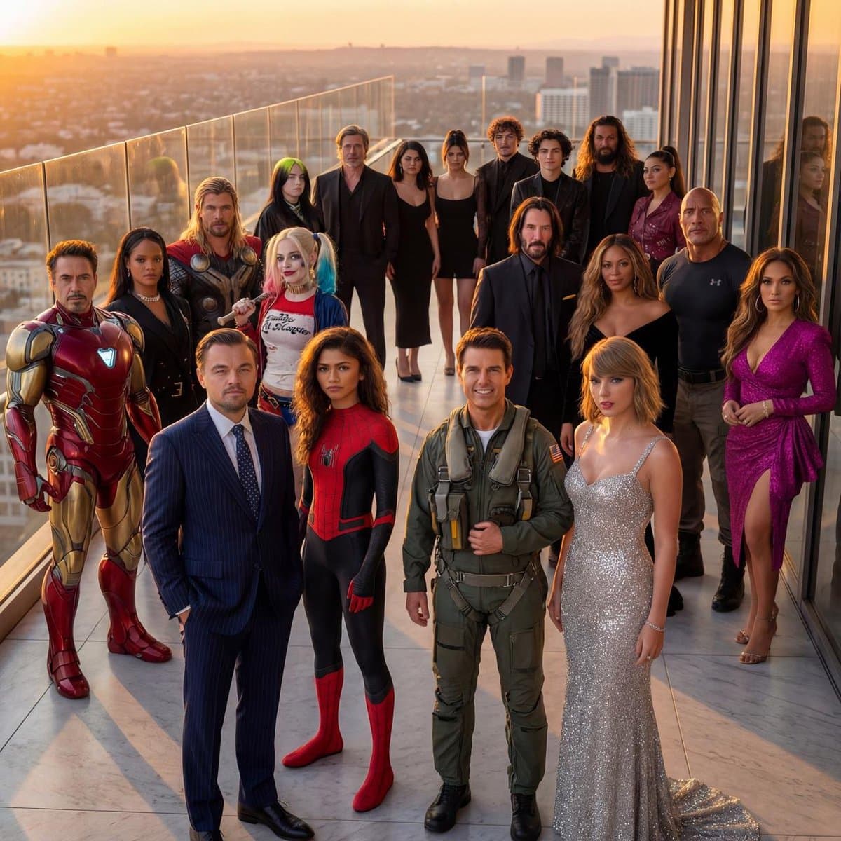 Glamorous Celebrity Group Photo on Rooftop at Golden Hour - Portrait Photography AI prompt