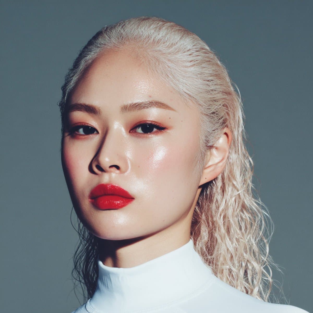 Blonde Woman Beauty Portrait - Red Lipstick Makeup Look - Portrait Photography AI prompt