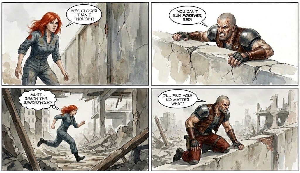 Post-Apocalyptic Chase Comic Art | Scifi Action & Pursuit - Fantasy Scifi AI prompt