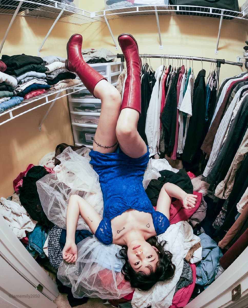 Whimsical Woman in Closet with Red Boots - Artistic Portrait - Portrait Photography AI prompt