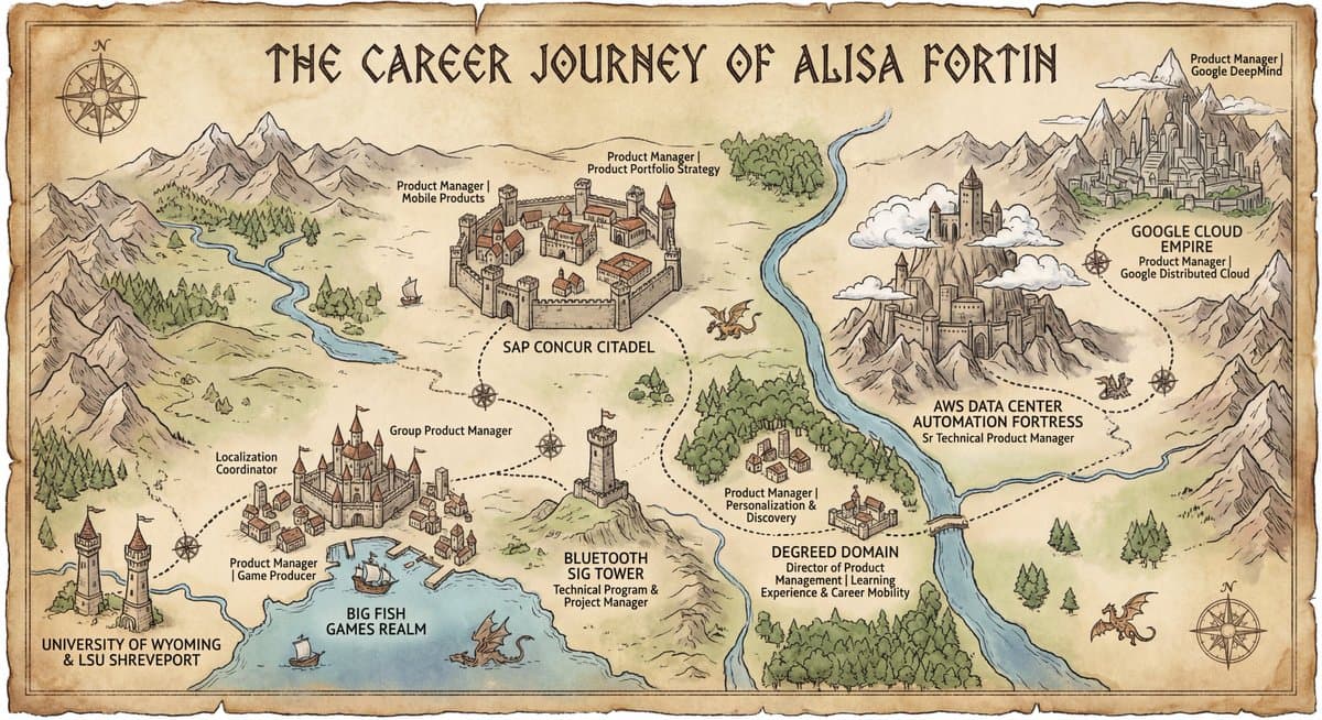 Alisa Fortin Career Journey Fantasy Map - Professional - Fantasy Scifi AI prompt
