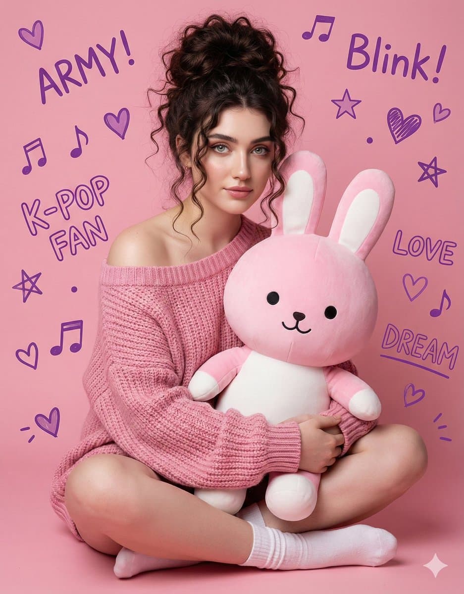 Young K-Pop Fan Portrait with Pink Bunny Plush Toy - Portrait Photography AI prompt