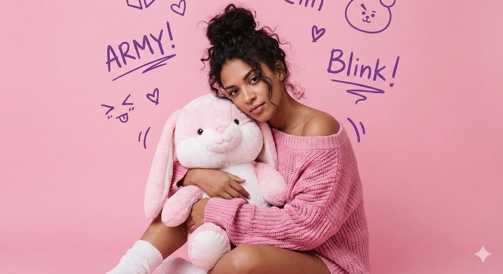 K-Pop Fan Woman Hugging Bunny Plush | Pink Studio Portrait - Portrait Photography AI prompt