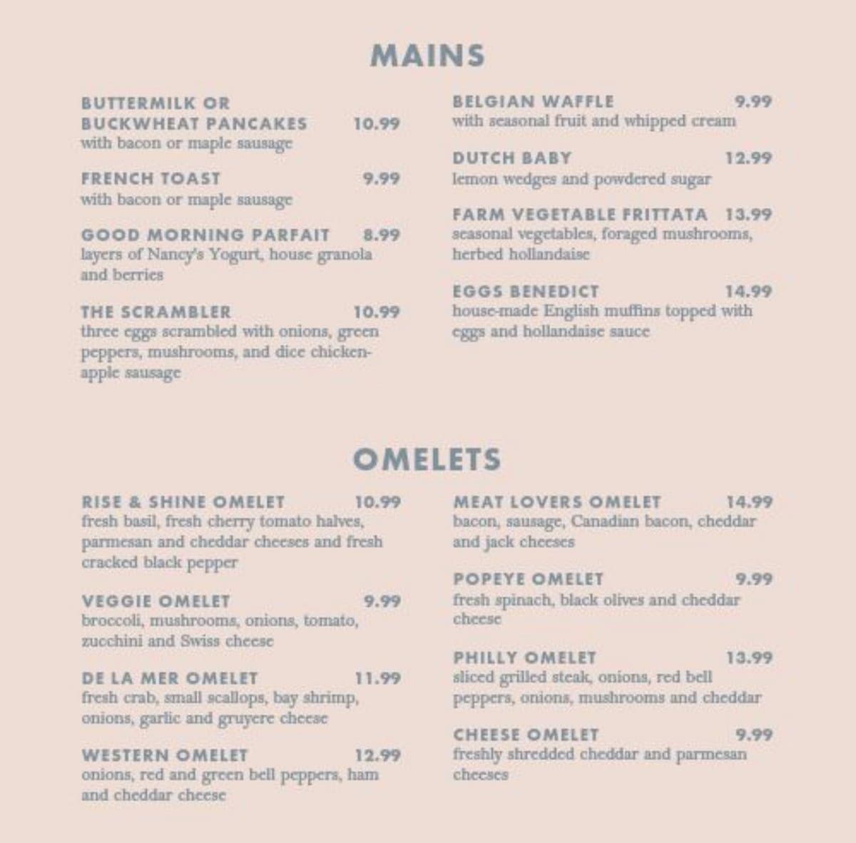 Restaurant Menu: Breakfast, Mains, & Omelets with Prices - Food Culinary AI prompt