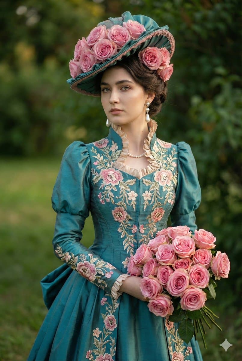 Elegant Woman in Rose Hat & Embroidered Teal Gown Portrait - Portrait Photography AI prompt
