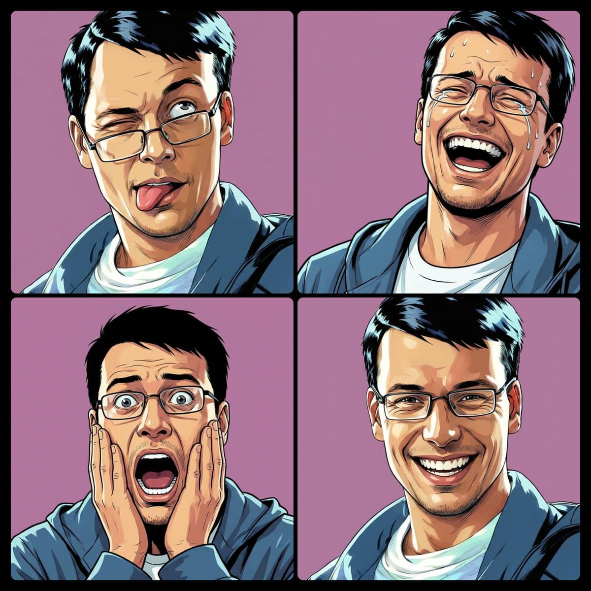 Man's Expressive Comic Book Facial Emotions - Character Design AI prompt