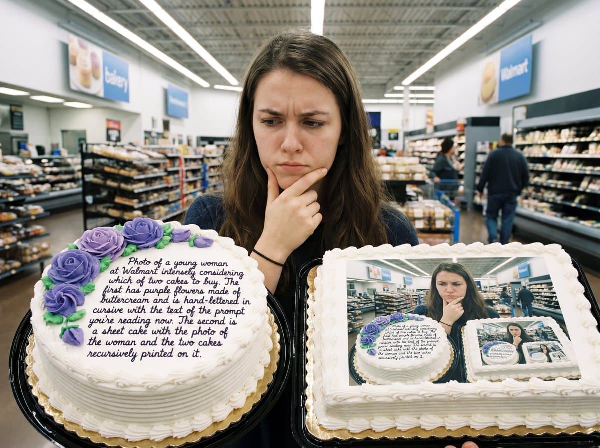Pensive Woman with Recursive Cakes in Supermarket Art - Portrait Photography AI prompt