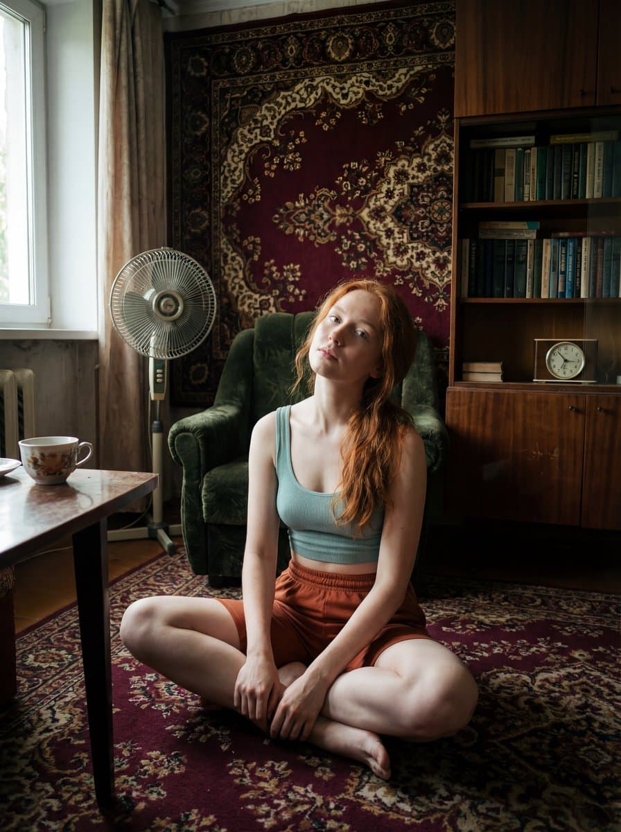 Redhead Woman Indoor Portrait - Vintage Aesthetic - Portrait Photography AI prompt