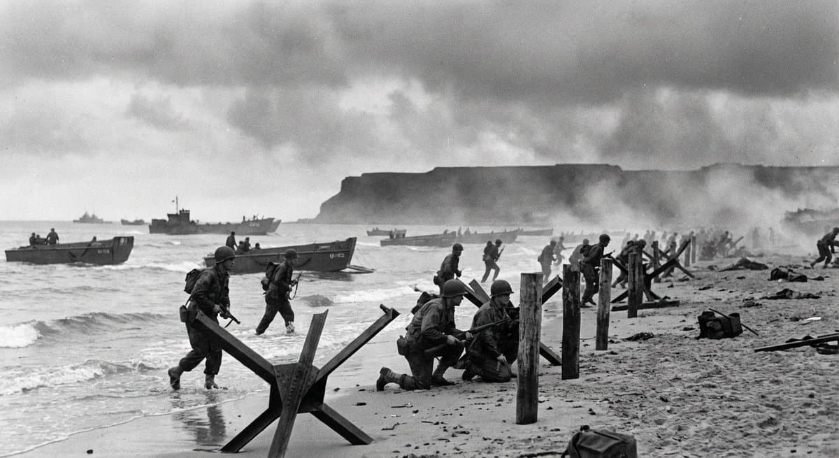 D-Day Landing WWII Soldiers Omaha Beach Black White Photo - Vintage Retro AI prompt