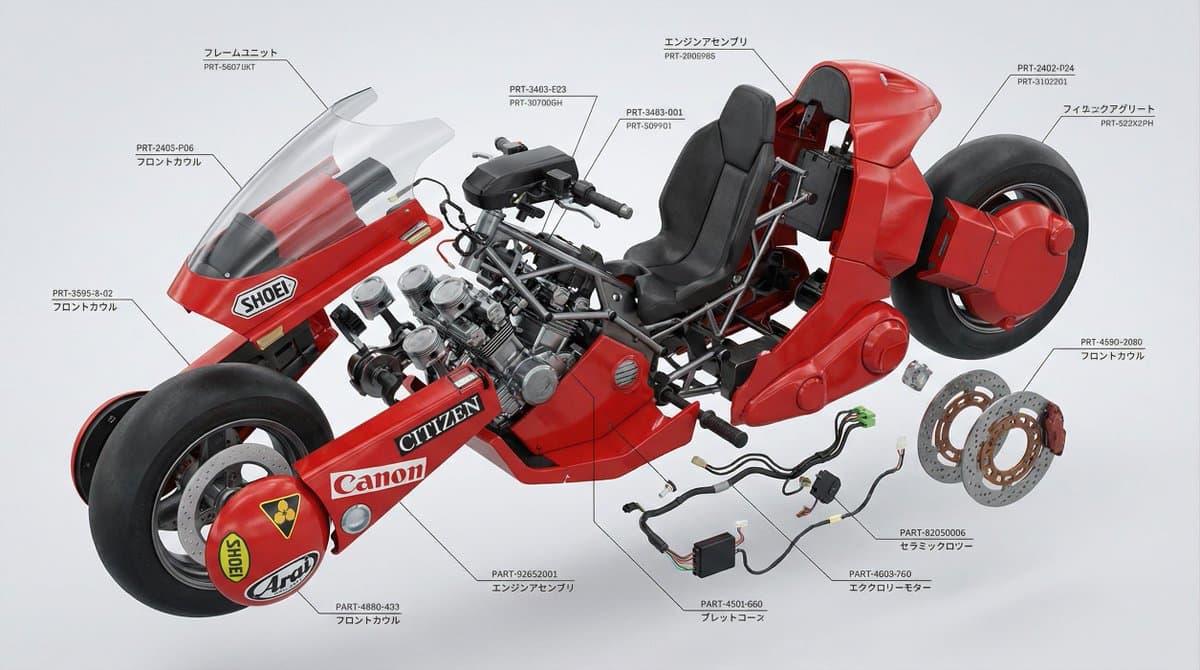 Akira Motorcycle Exploded View | 3D Render Sci-Fi Bike - Fantasy Scifi AI prompt