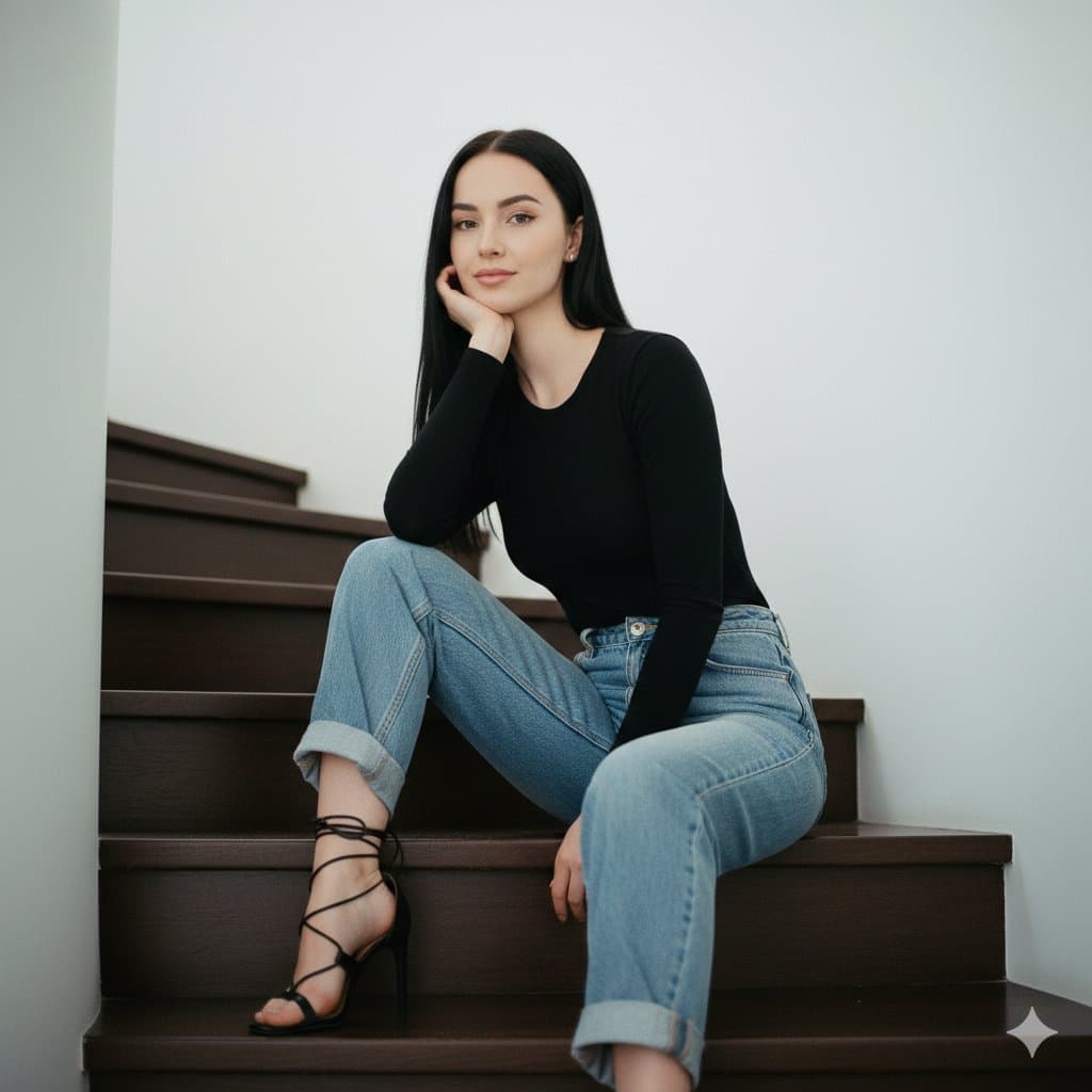 Stylish Woman Fashion Portrait: Casual Jeans & Heels - Fashion Photography AI prompt