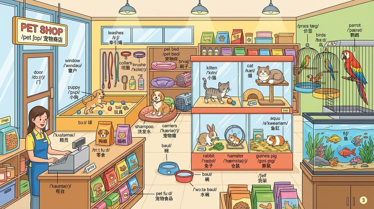 Pet Shop Illustration | Educational Animal Supplies - Nature Landscapes AI prompt