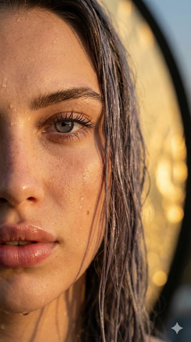 Close-up Photorealistic Portrait Woman Wet Hair Golden Hour - Portrait Photography AI prompt