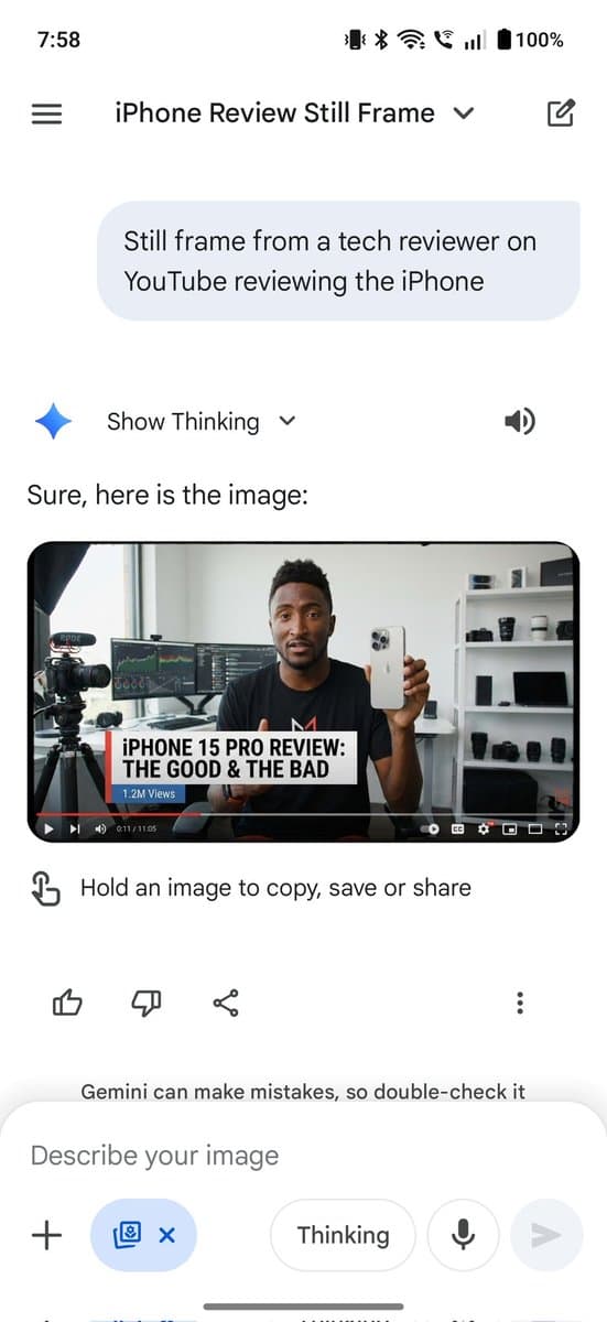 iPhone 15 Pro Review: Tech Reviewer Still Frame - Product Photography AI prompt