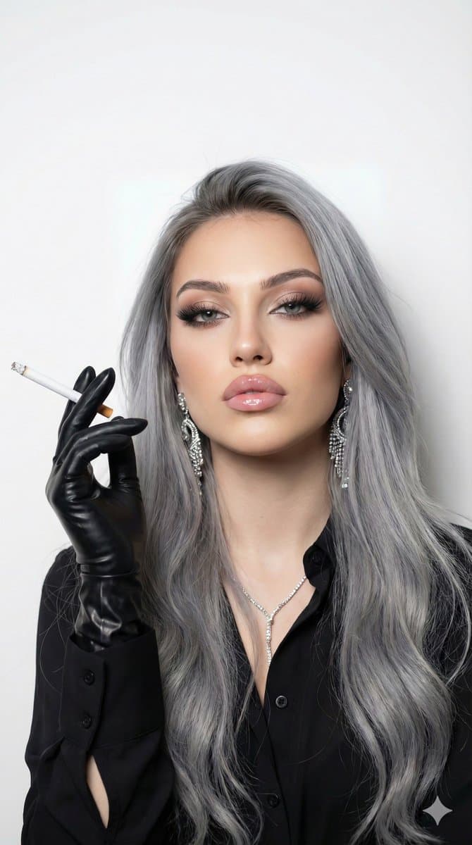 Glamorous Woman with Grey Hair and Black Gloves Portrait - Portrait Photography AI prompt