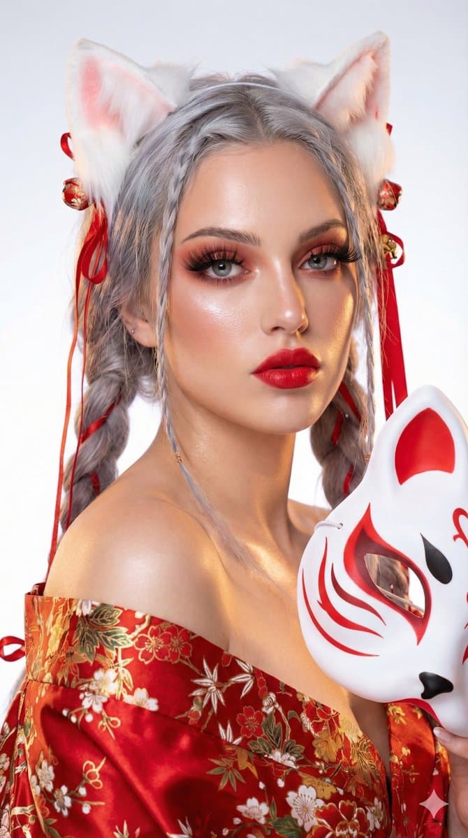 Kitsune Spirit Portrait with Fox Mask and Kimono - Portrait Photography AI prompt