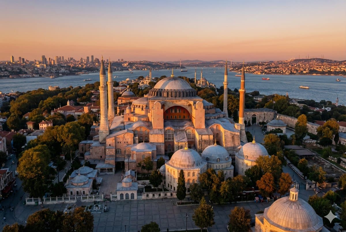 Hagia Sophia Istanbul Aerial Golden Hour Cityscape Bosphorus - Urban Cityscapes AI prompt