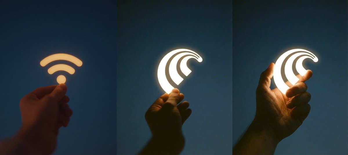 Hand Holding Glowing Digital Icons - WiFi & Sound Waves - Minimalist Icons AI prompt