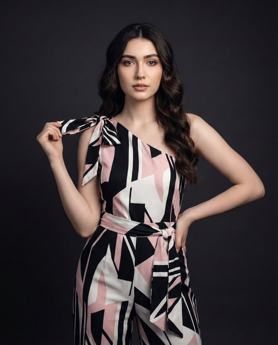 Fashion Portrait: Woman in Geometric Jumpsuit, Studio Style - Fashion Photography AI prompt