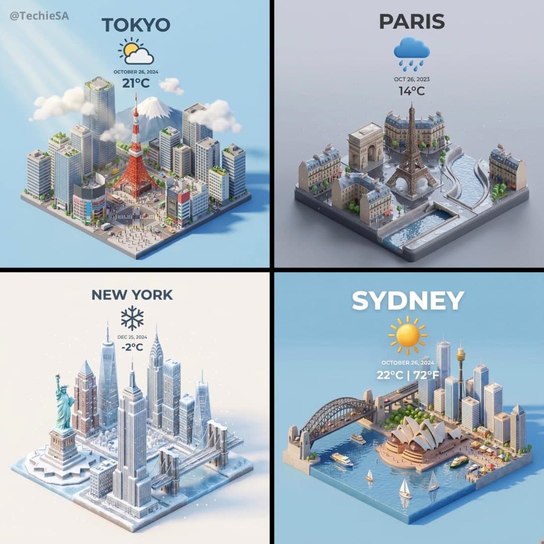 3D Render of Global Cities: Weather & Famous Landmarks - Urban Cityscapes AI prompt