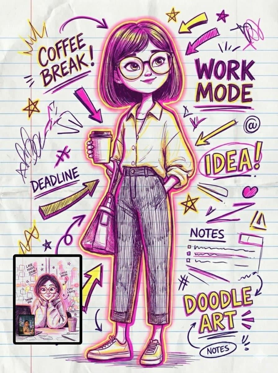 Doodle Art Work Mode: Young Woman Illustration, Coffee Break - Character Design AI prompt