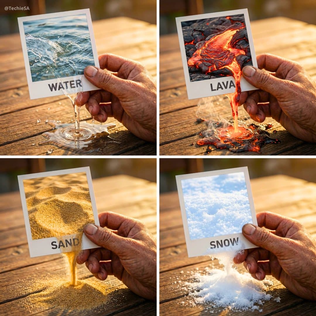 Conceptual Art: Water, Lava, Sand, Snow from Polaroids - Nature Landscapes AI prompt