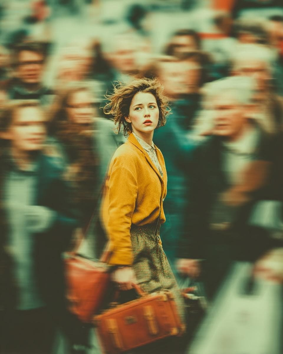 Thoughtful Woman in Motion-Blurred Crowd - Cinematic Portrait - Portrait Photography AI prompt
