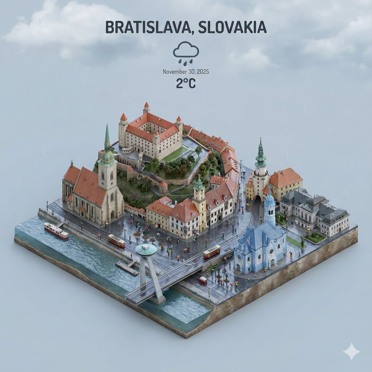 Bratislava 3D Miniature Cityscape | Rainy Day Render - 3d Miniatures AI prompt