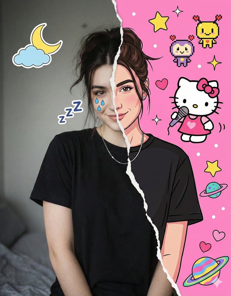 Anime & Photo Split Portrait: Playful Digital Art Woman - Anime Manga AI prompt
