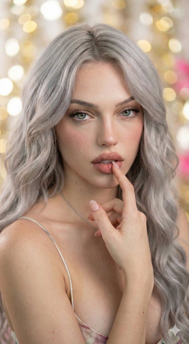 Woman Portrait with Grey Hair, Green Eyes & Bokeh Background - Portrait Photography AI prompt