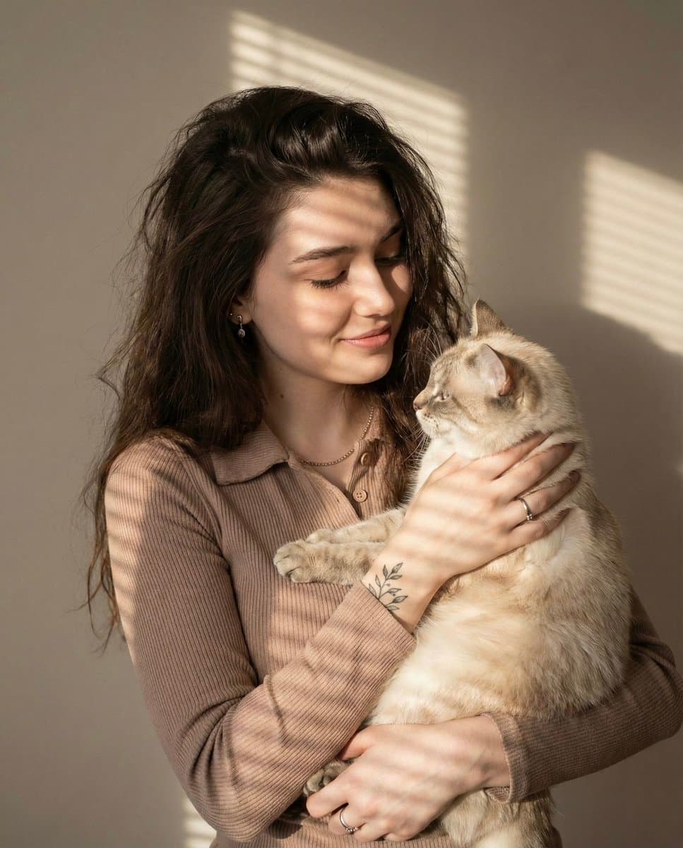 Tender Portrait of Woman and Cat in Sunlight - Portrait Photography AI prompt