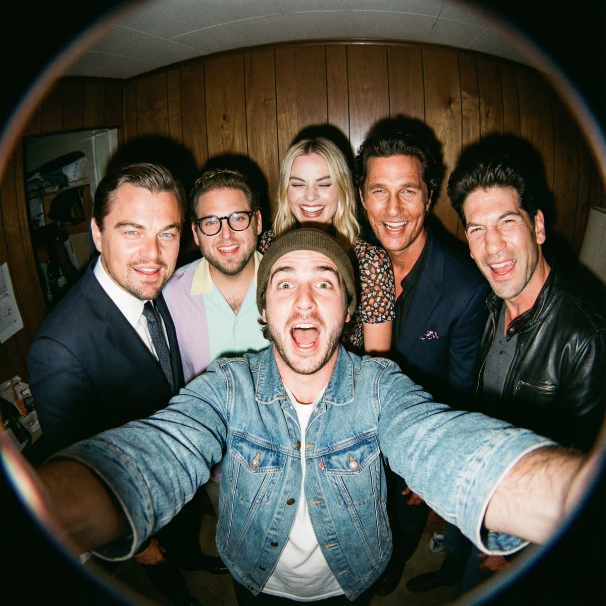 Celebrity Group Selfie: DiCaprio, Robbie, McConaughey & More - Portrait Photography AI prompt