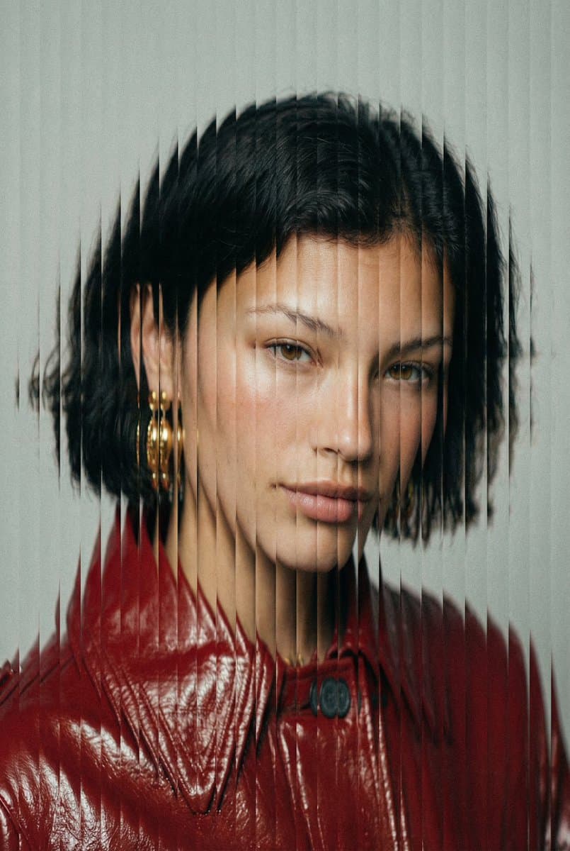 Fragmented Portrait of Woman in Red Jacket - Artistic Photo - Portrait Photography AI prompt