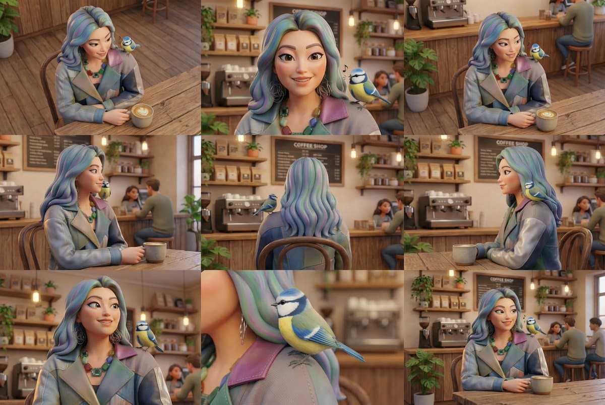 Stylized 3D Woman Portrait with Bird in Coffee Shop - Character Design AI prompt