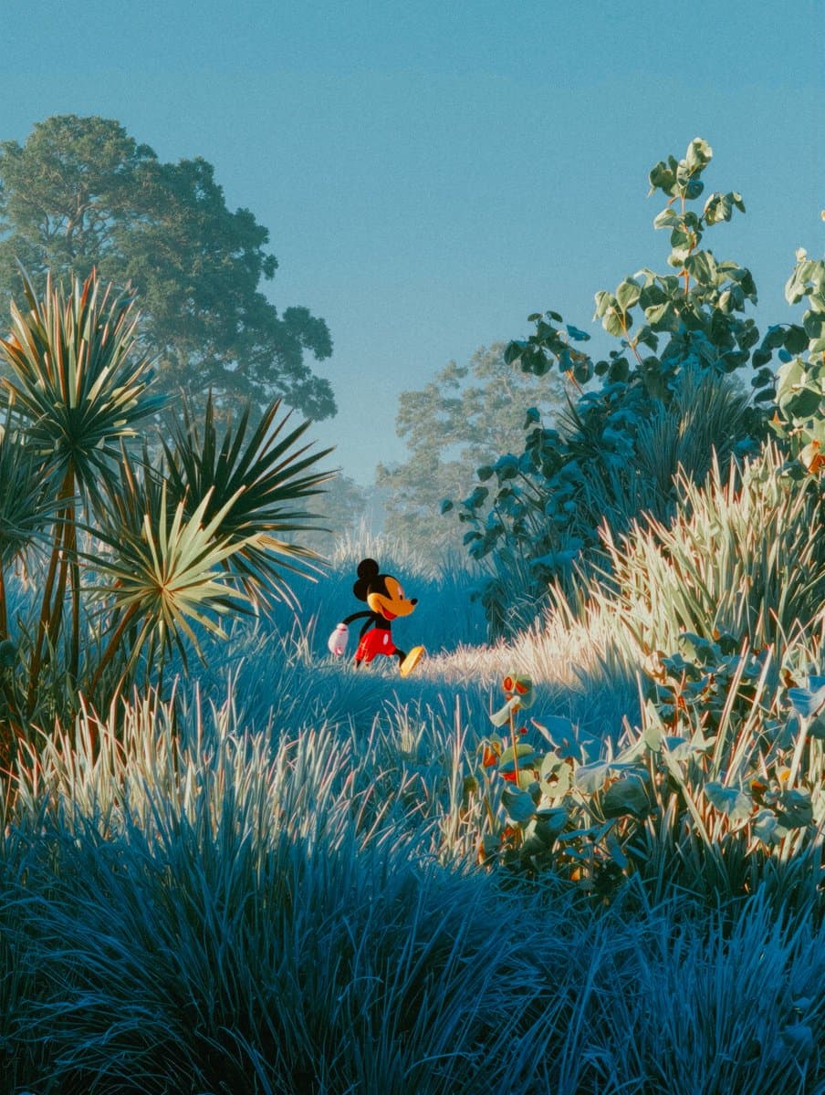 Mickey Mouse in Sunlit Forest - Photorealistic Nature Scene - Nature Landscapes AI prompt