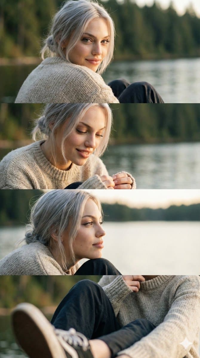 Serene Silver-Haired Woman by Lake: Outdoor Portrait - Portrait Photography AI prompt
