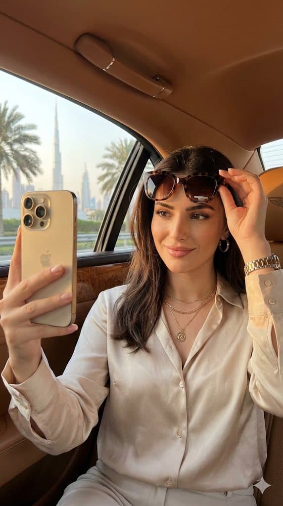 Stylish Woman Selfie in Dubai Car | Burj Khalifa View - Portrait Photography AI prompt