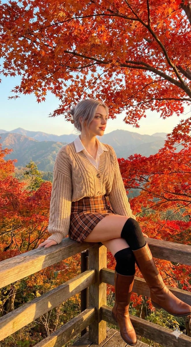 Autumn Fashion Portrait: Woman in Fall Foliage & Cozy Cardigan - Fashion Photography AI prompt