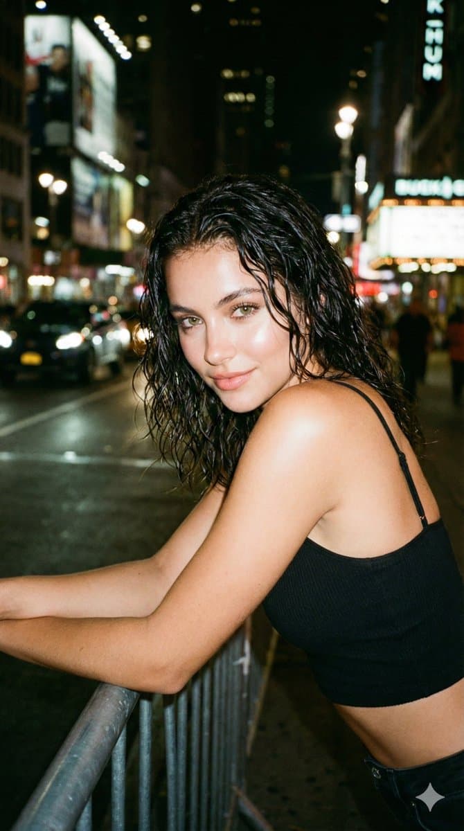 Urban Night Portrait of Woman with Wet Hair - Portrait Photography AI prompt