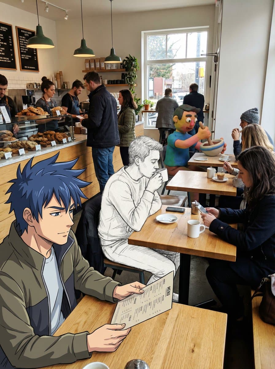 Coffee Shop Art: Anime, Sketch & Claymation Characters - Anime Manga AI prompt